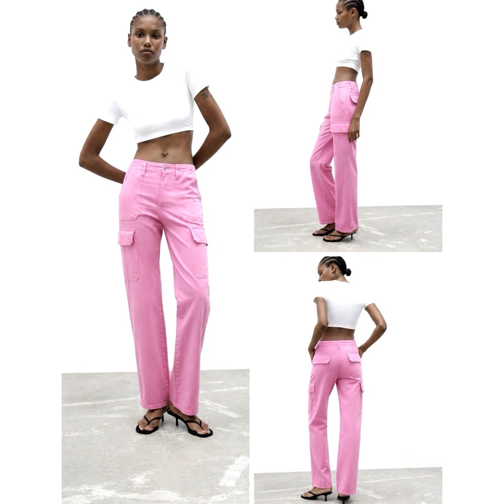 ZARA Straight Leg Cargo Pants High Rise Hot Pink SZ 8